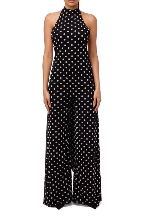 Polka Dot Wide Leg Halter Jumpsuit