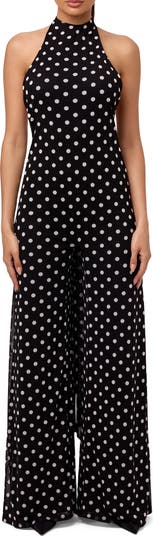Polka Dot Wide Leg Halter Jumpsuit