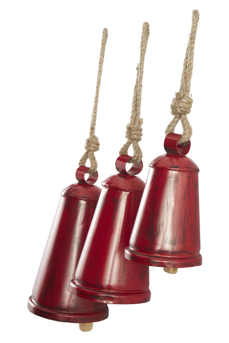 Eclectic Set of 3 Metal Decorative Meditation Bells, Alternate, color, RED