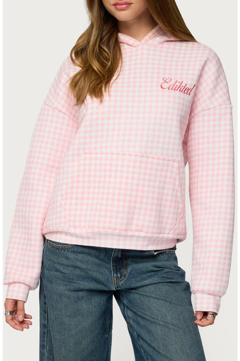 Gingham Oversize Hoodie, Main, color, PINK