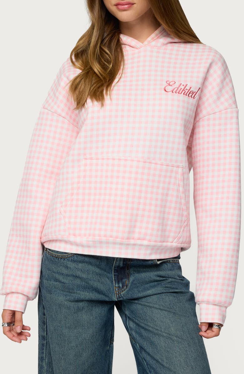 EDIKTED Gingham Oversize Hoodie, Main, color, Pink