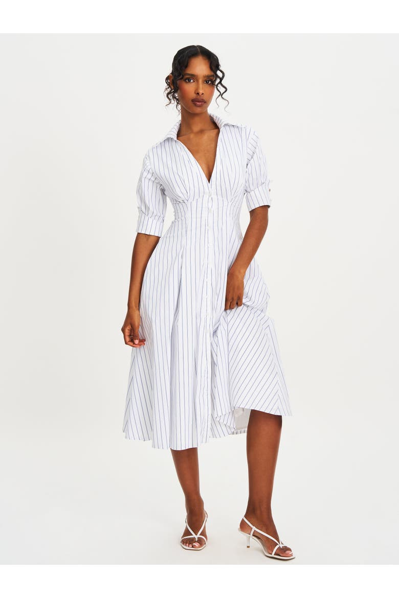 Palina Pinstripes Cotton Poplin Pleated Midi Preppy Shirt Dress, Alternate, color, White