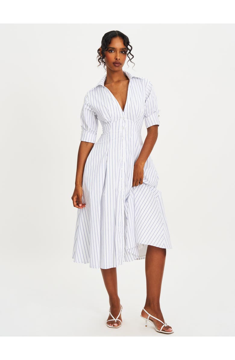 Miss Circle Palina Pinstripes Cotton Poplin Pleated Midi Preppy Shirt Dress, Alternate, color, White