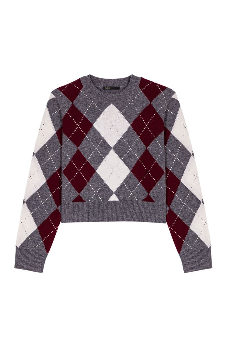 maje Cropped argyle pattern sweater, Alternate, color, Gray / Burgundy / Ecru