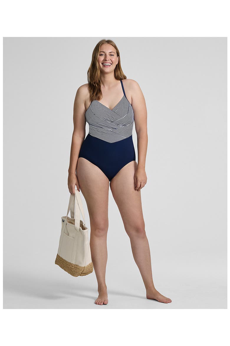 Plus Size Slender Suit Pleated Low Leg One Piece Swimsuit, Alternate, color, Deep Sea Navy Mini Stripe