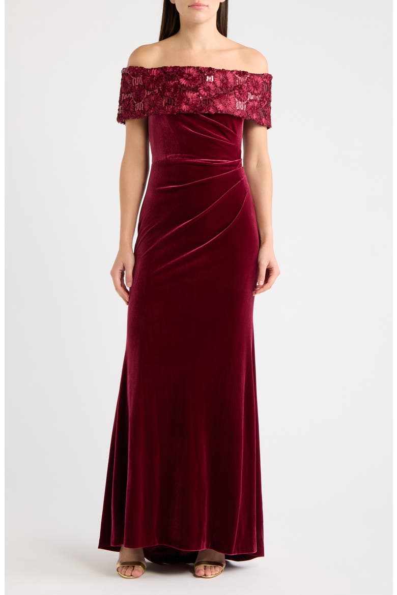 Velvet Off the Shoulder Gown, Main, color, WINE
