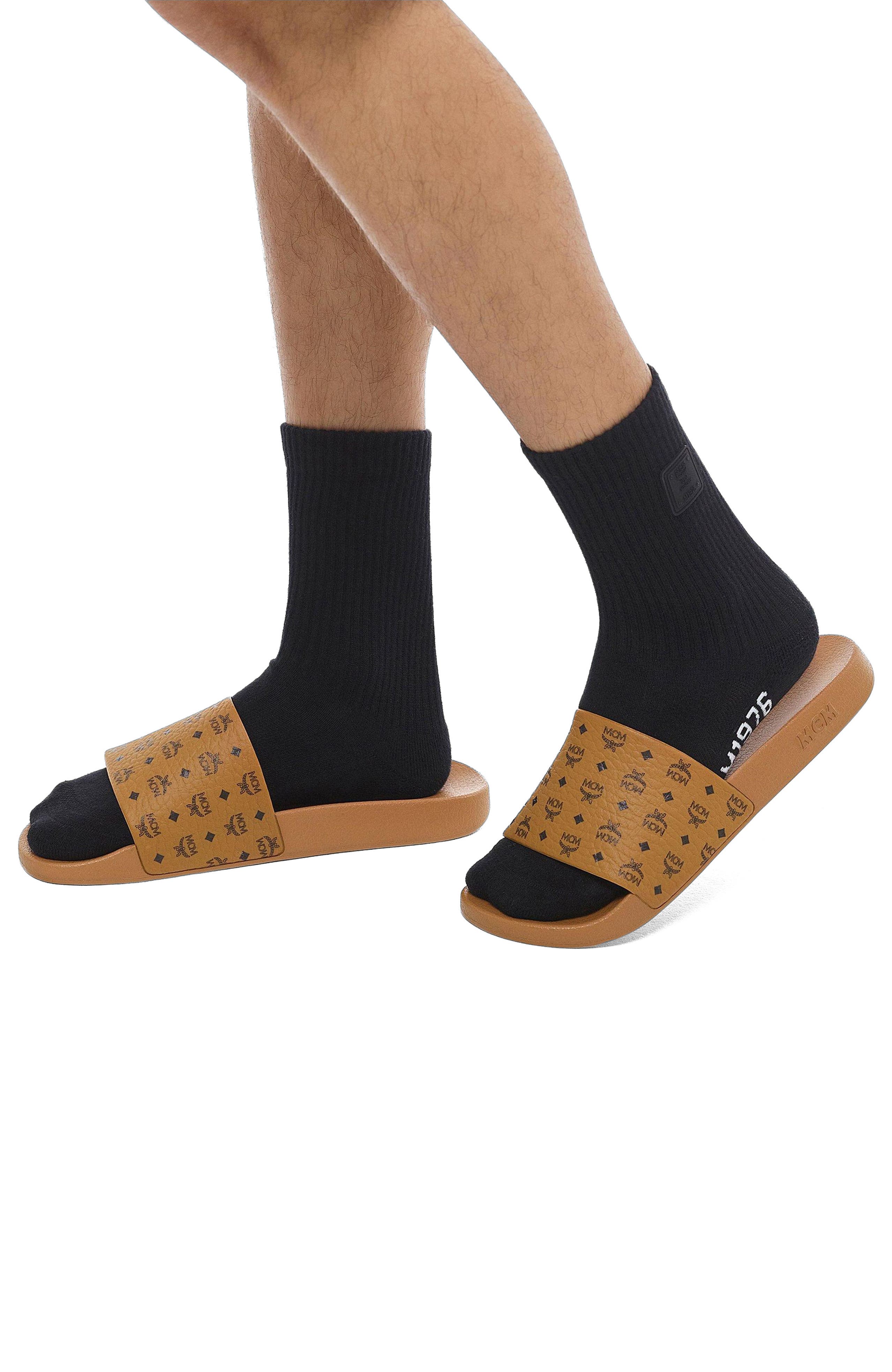 MCM Monogram Print Rubber Slides, Alternate, color, Cognac