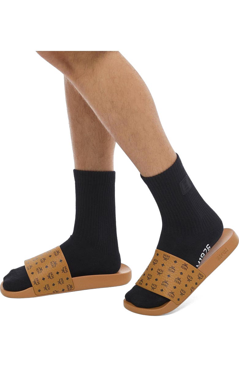 MCM Monogram Print Rubber Slides, Alternate, color, Cognac