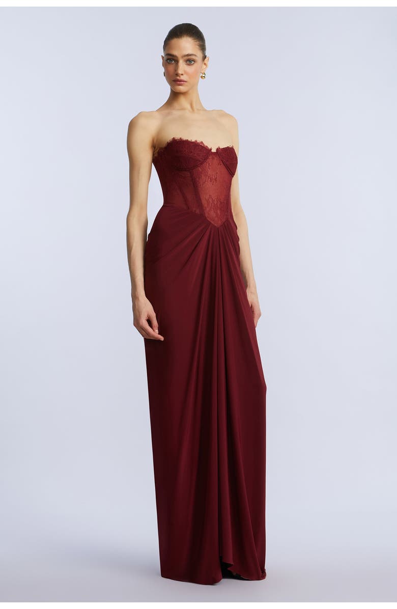 BCBGMAXAZRIA Lace & Jersey Gown, Alternate, color, Cabernet