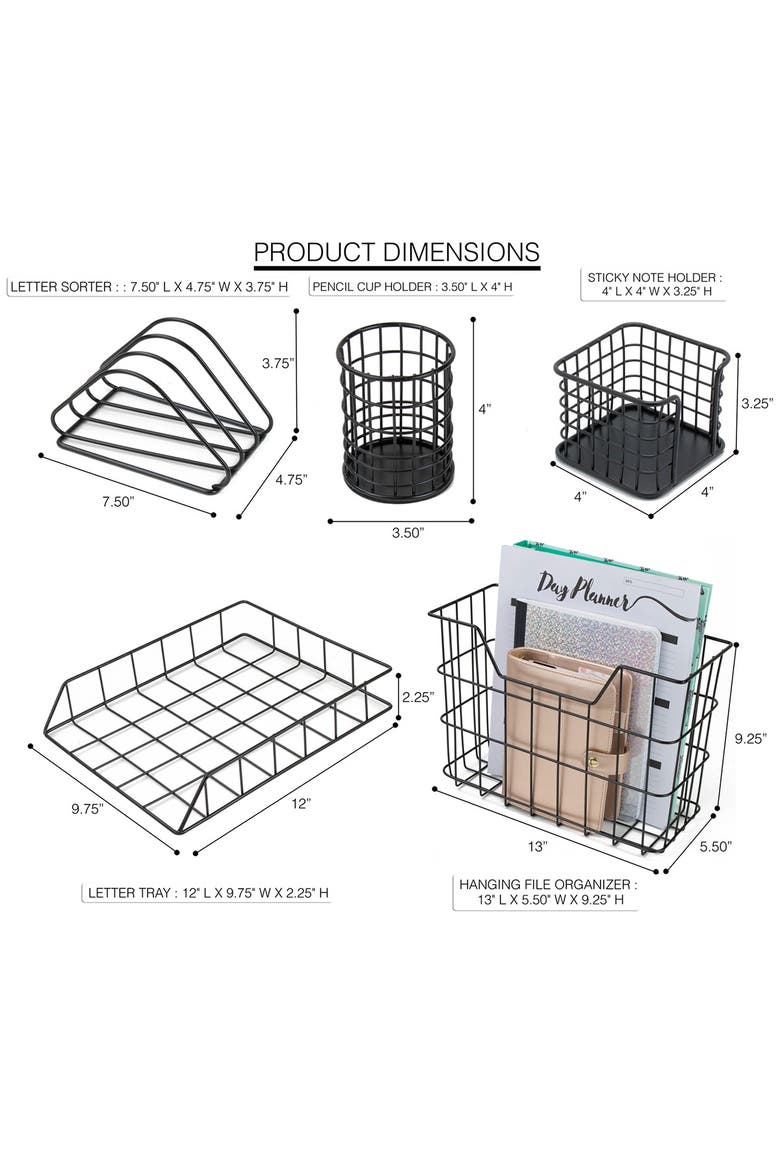 Copper Wire Metal Desk Organizer 5-Piece Set, Alternate, color, BLACK