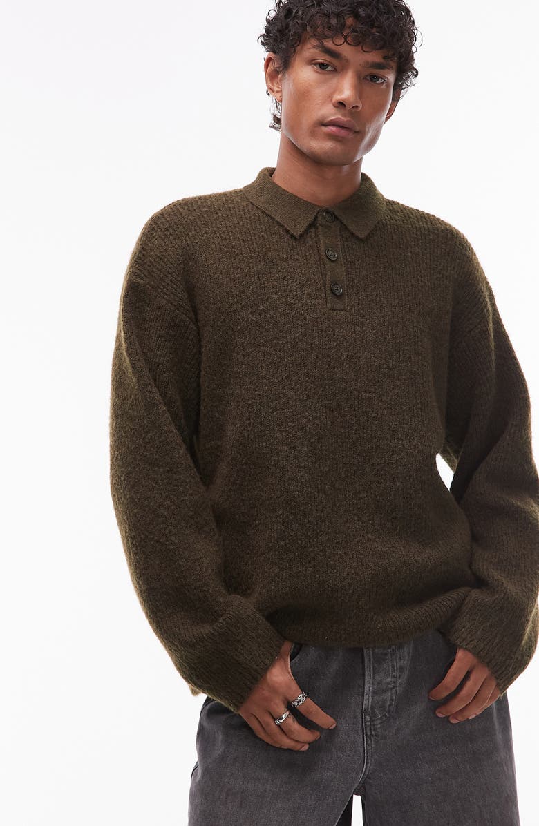 Topman Oversize Long Sleeve Sweater Polo, Main, color, Khaki