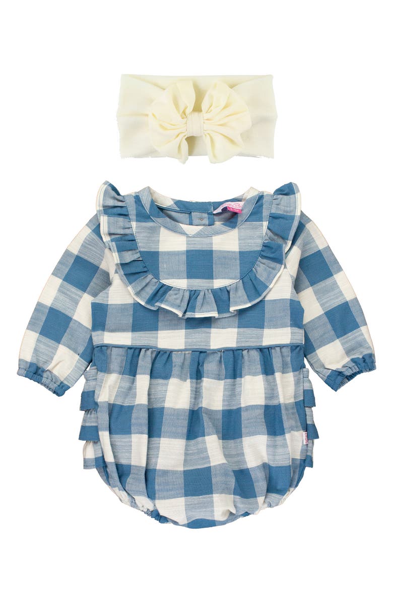 RuffleButts Plaid Ruffle Romper & Headband Set, Main, color, 
