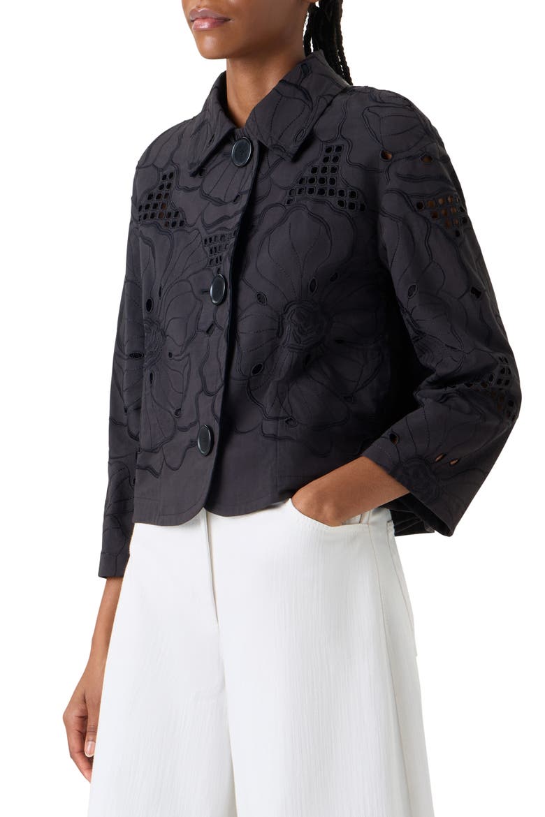 Flower Eyelet Cotton Poplin Crop Jacket, Alternate, color, BLACK