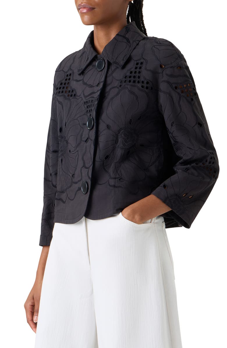 Akris punto Flower Eyelet Cotton Poplin Crop Jacket, Alternate, color, Black