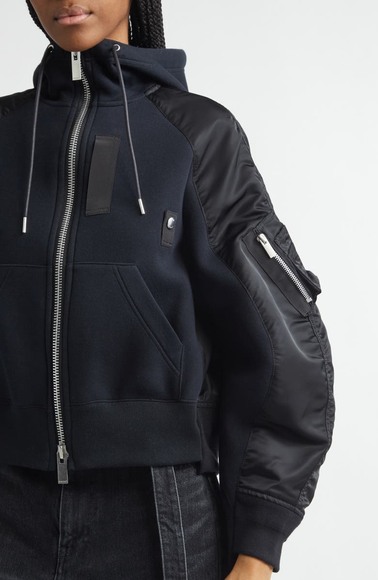 Sacai Sponge Sweat x Nylon Twill Full Zip Hoodie, Alternate, color, Black