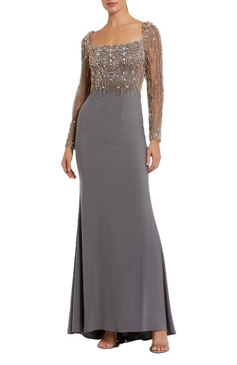 Beaded Square Neck Long Sleeve Jersey Gown
