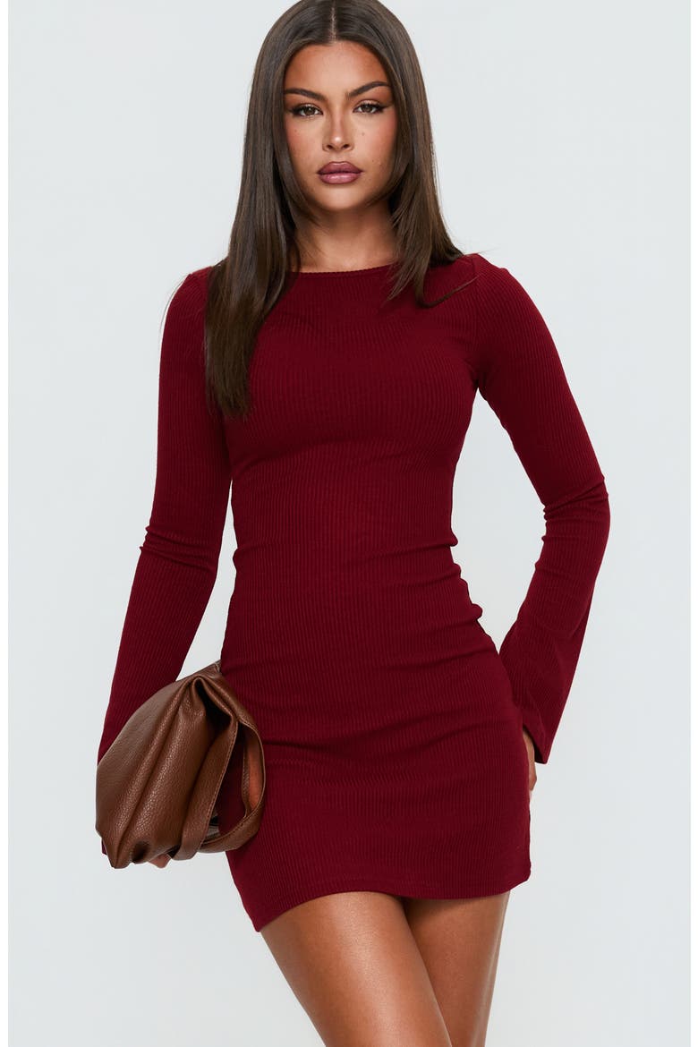 Bryanna Long Sleeve Rib Knit Minidress, Alternate, color, DEEP MERLOT