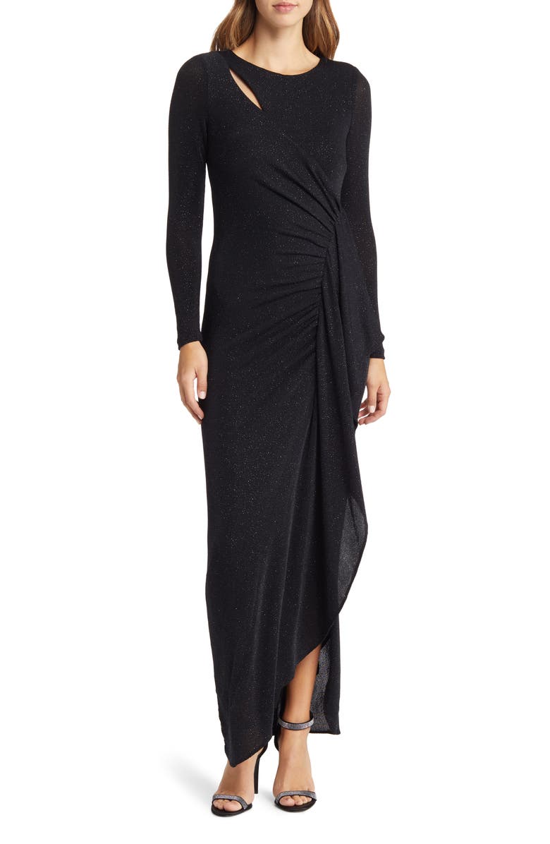 Xscape Evenings Ruched Metallic Long Sleeve Gown, Main, color, 