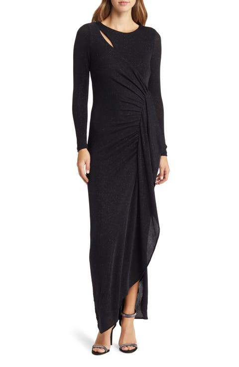 Ruched Metallic Long Sleeve Gown