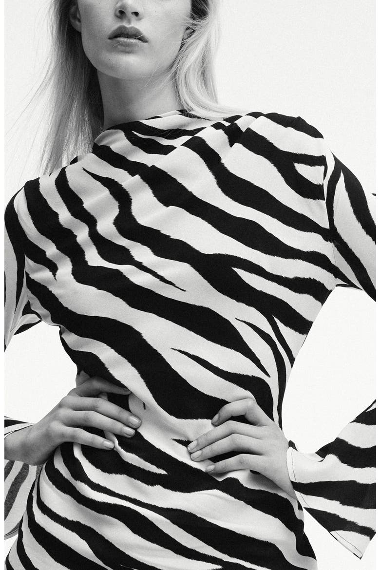 Zebra Print Flared Sleeve Minidress, Alternate, color, BLACK