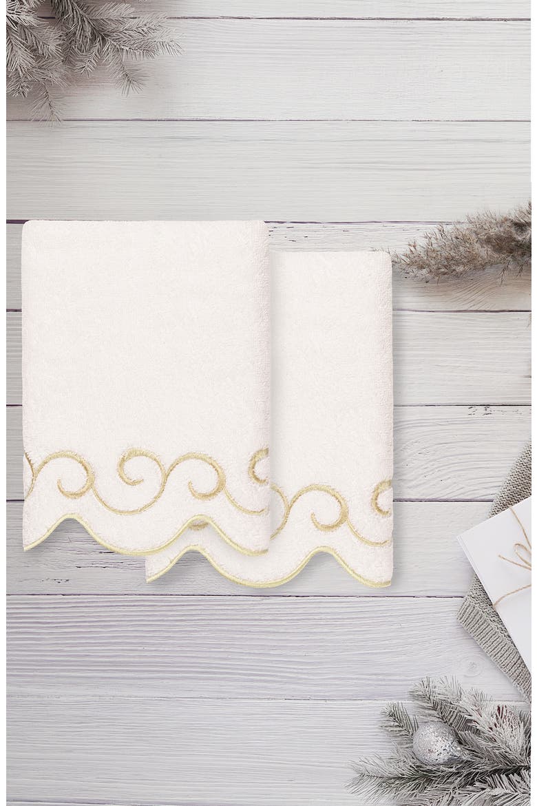 2-Piece Simplicity Embroidered Turkish Cotton Hand Towel Set, Alternate, color, WHITE/ BEIGE