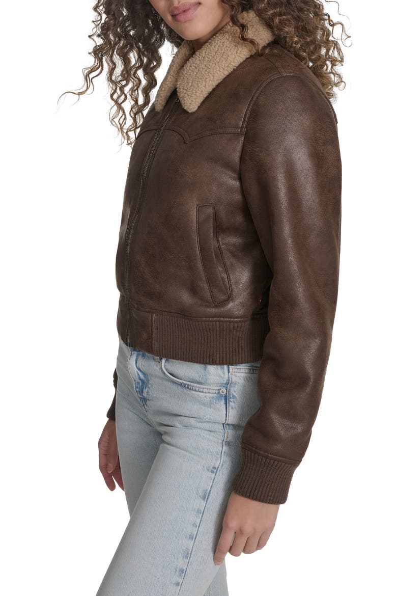 Faux Shearling Trim Faux Leather Western Bomber Jacket, Alternate, color, COFFEE
