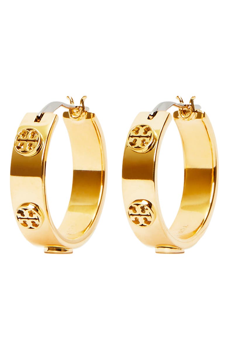 Tory Burch Thin Icon Hoop Earrings, Main, color, Tory Gold