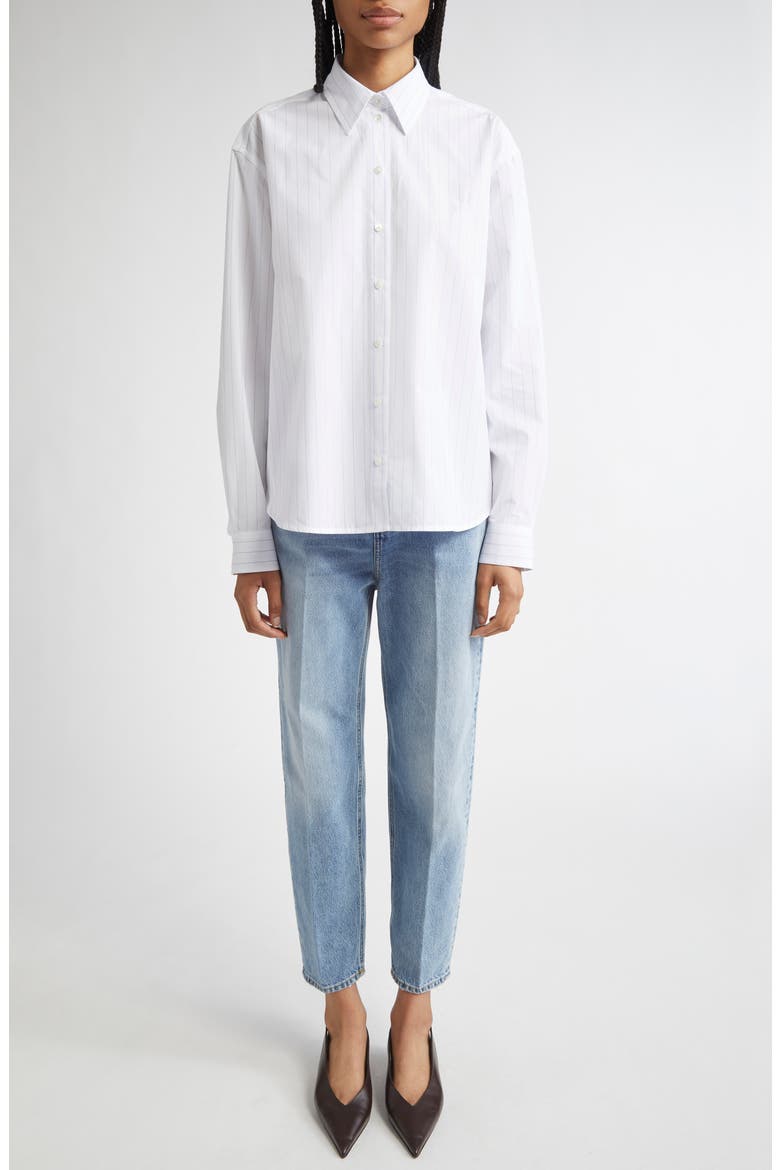Monogram Stripe Organic Cotton Poplin Button-Up Shirt, Alternate, color, WHITE/ COBALT PINSTRIPE