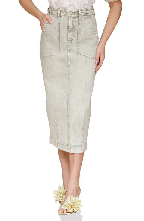 Horseshoe Denim Midi Skirt (Spring Sage)