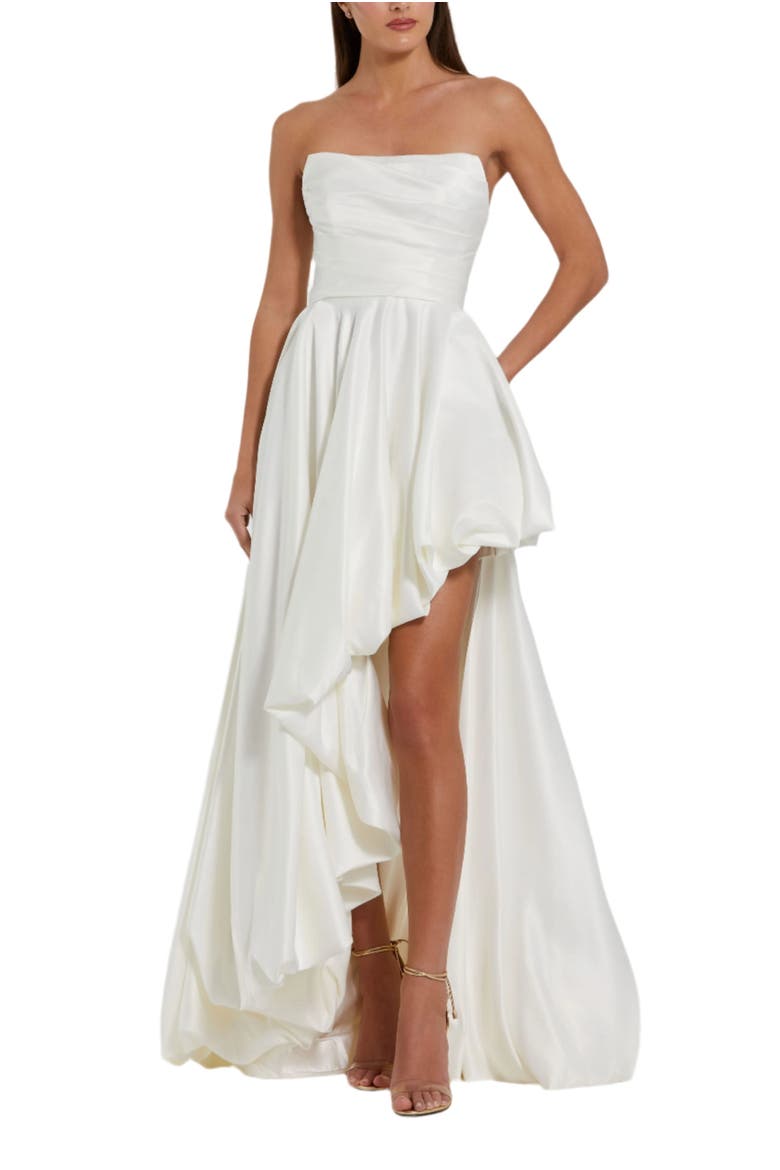 Petite Strapless High-Low Satin Gown with Draped Skirt, Main, color, White
