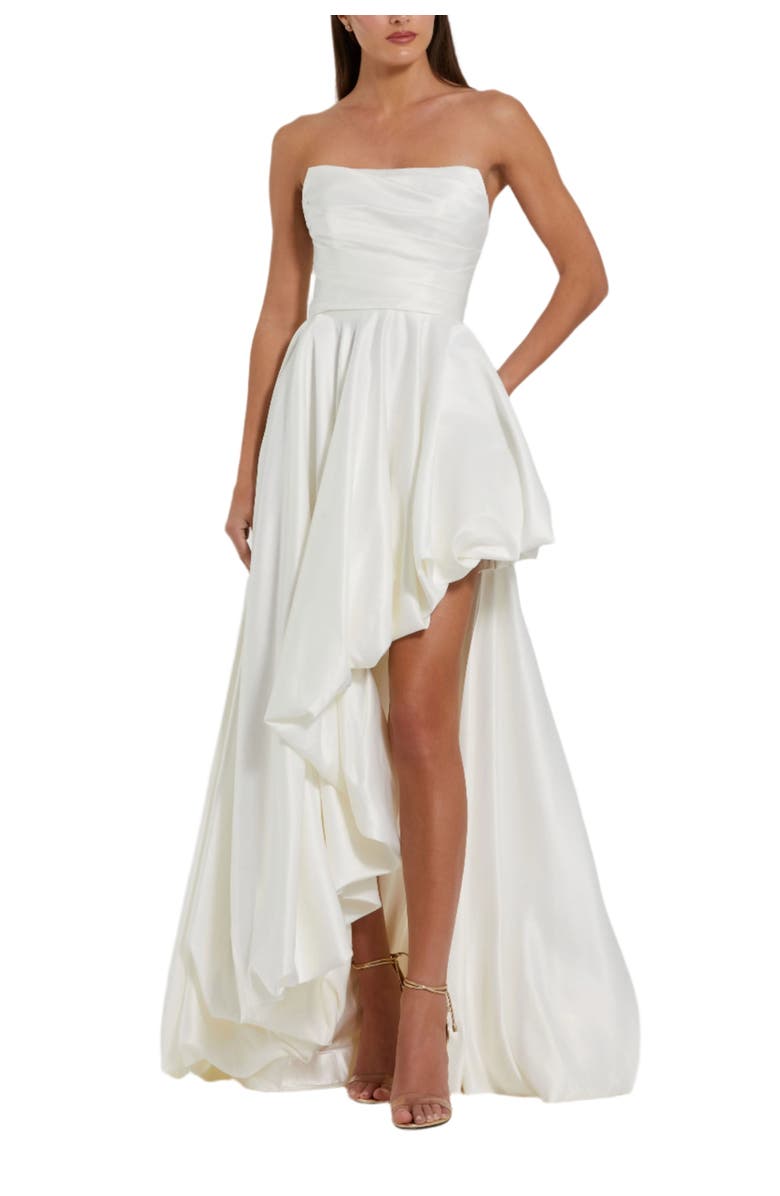 Mac Duggal Petite Strapless High-Low Satin Gown with Draped Skirt, Main, color, White