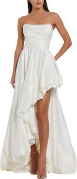 Mac Duggal Petite Strapless High-Low Satin Gown with Draped Skirt