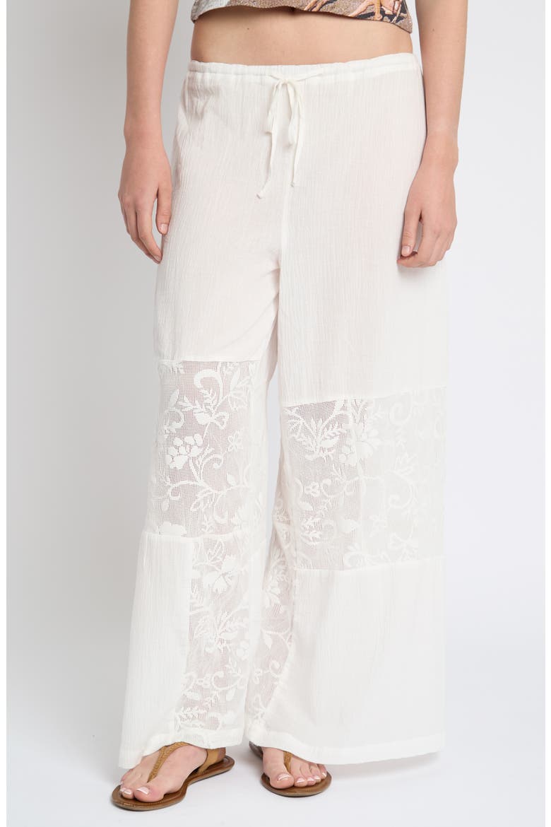 Lace Insert Crinkle Wide Leg Pants, Main, color, WHITE
