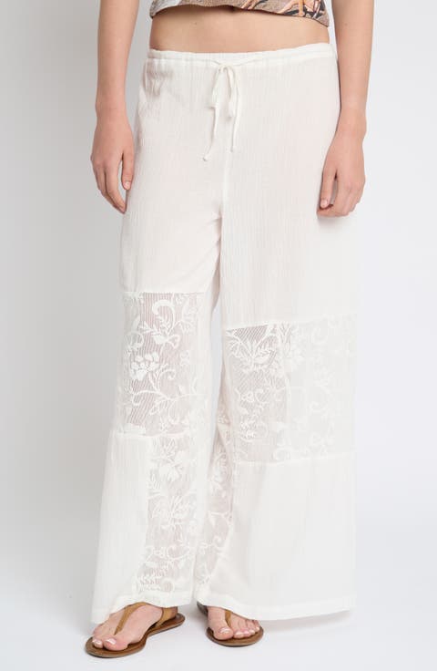 Lace Insert Crinkle Wide Leg Pants