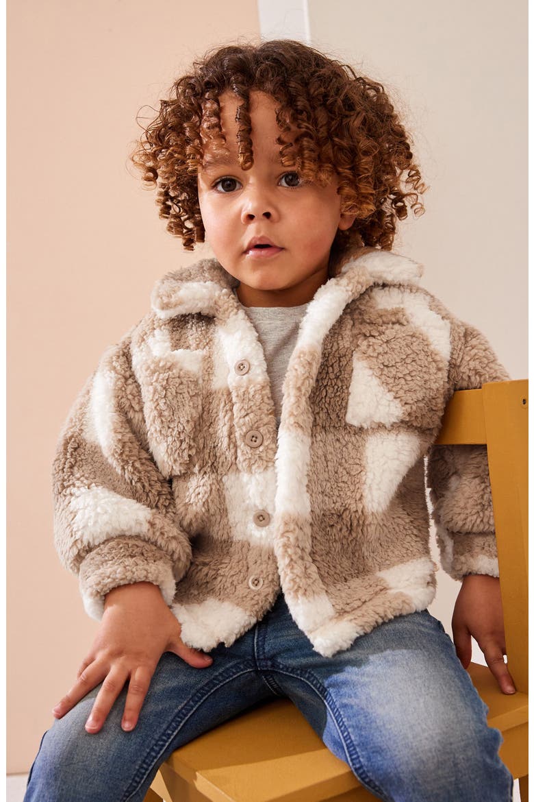 Kids' Plaid Faux Shearling Jacket, Alternate, color, BROWN