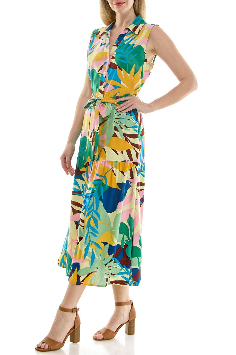 Sleeveless Belted Midi Shirtdress, Alternate, color, ABSTRACT BOTANICAL GREEN