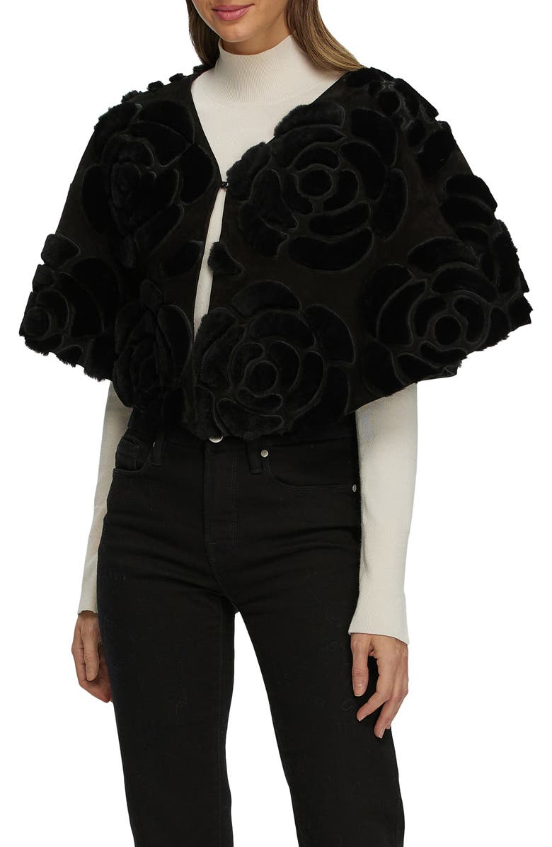 GORSKI Genuine Shearling/Suede Floral Embroidered Stole Reversible To  Cashmere And Wool Blend, Alternate, color, Black/Black