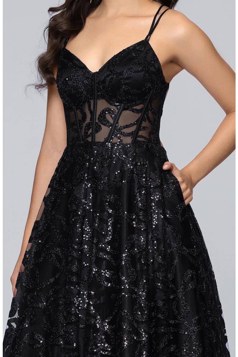 Strappy Illusion Bodice Ballgown, Alternate, color, BLACK