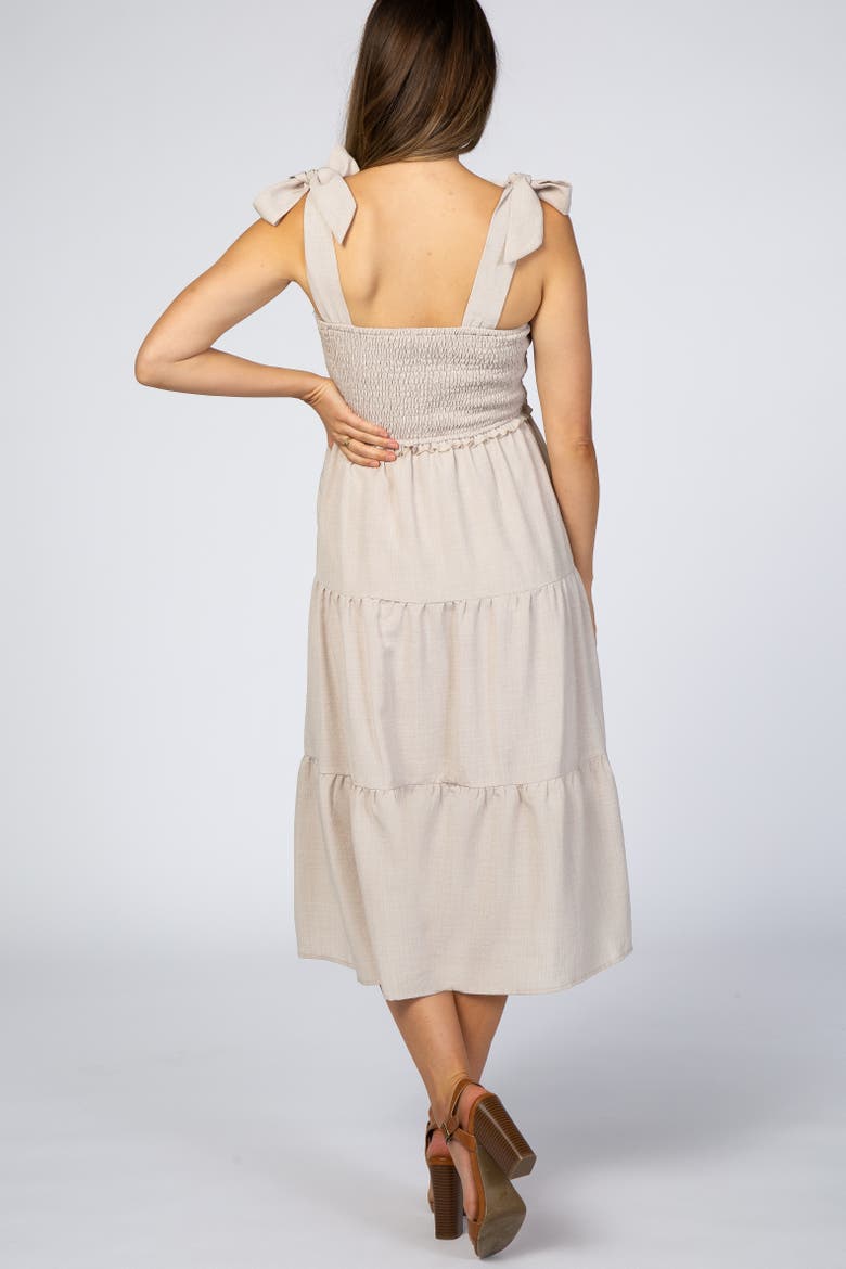 Bow Strap Tiered Midi Dress, Alternate, color, Beige