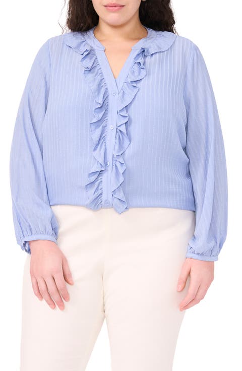 Ruffle Placket Button-Up Shirt (Plus)