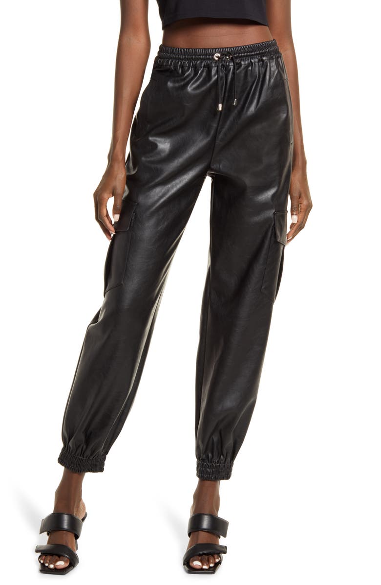 KENDALL + KYLIE Cargo Faux Leather Joggers, Main, color,
