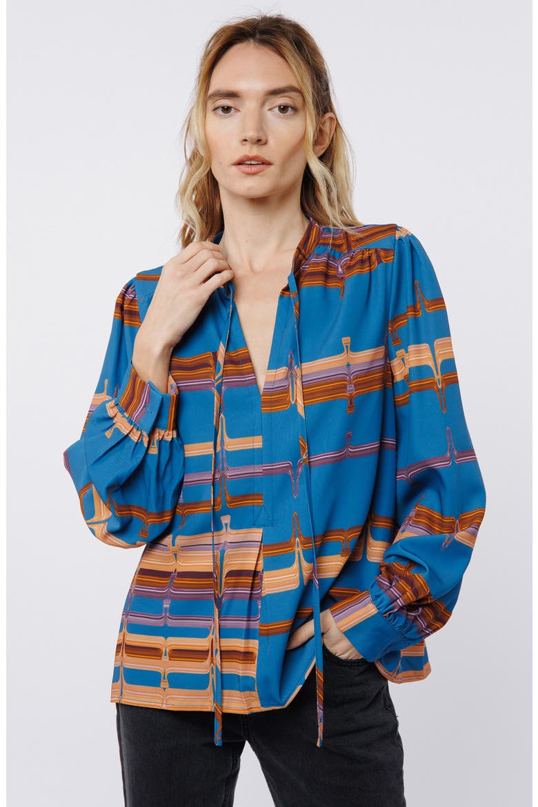 Gina Mod Print Split Neck Top, Alternate, color, BLUE