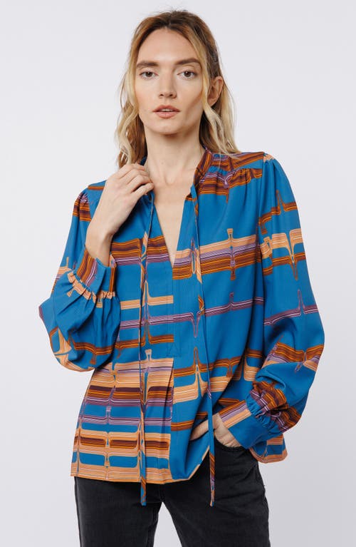 Ciebon Gina Mod Print Split Neck Top In Blue