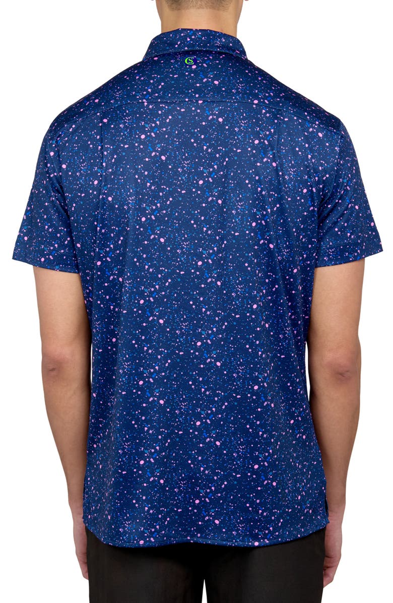 CONSTRUCT Regular Fit Paint Splatter Print Recycled Performance Golf Button-Down Shirt, Alternate, color, Navy