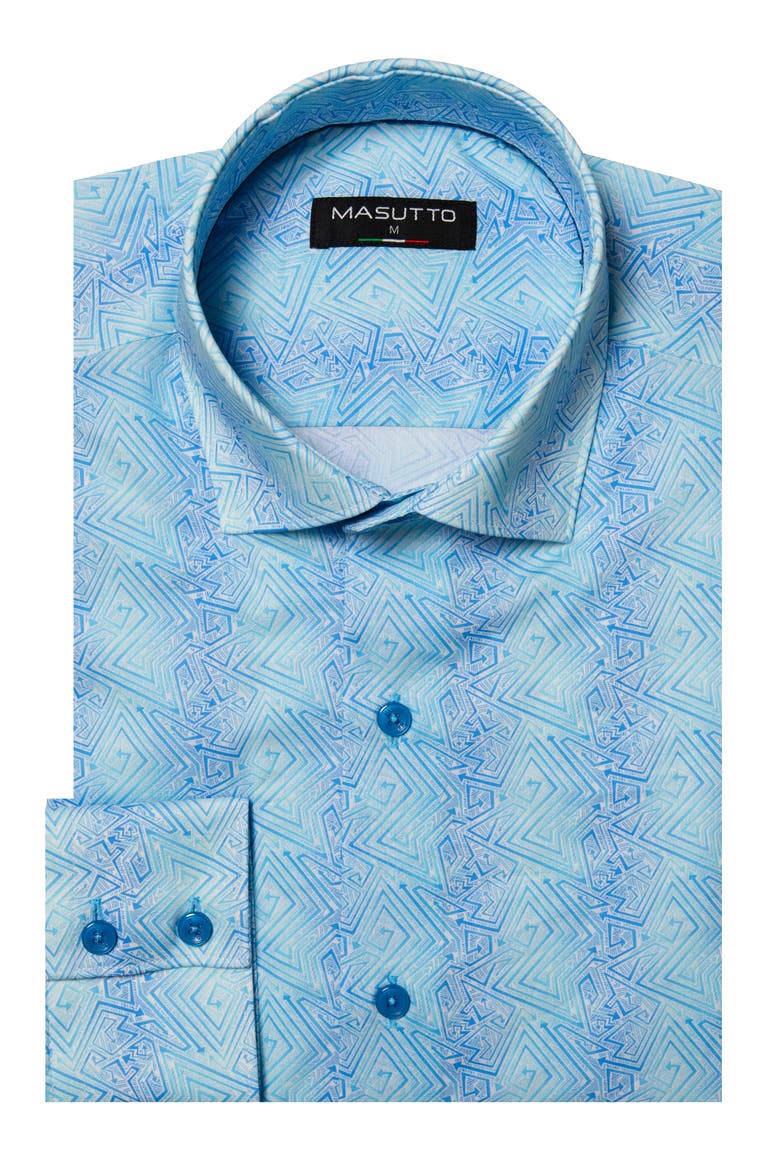 Faro Aqua Blue Geometric Pattern Button-Up Long Sleeve Shirt, Main, color, Turquaise