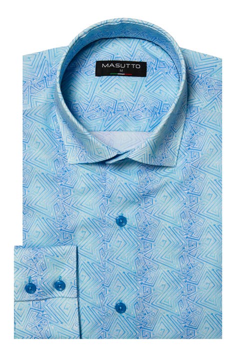 Faro Aqua Blue Geometric Pattern Button-Up Long Sleeve Shirt