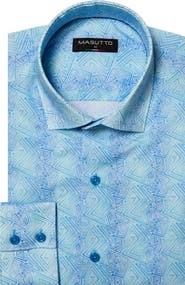 MASUTTO Faro Aqua Blue Geometric Pattern Button-Up Long Sleeve Shirt