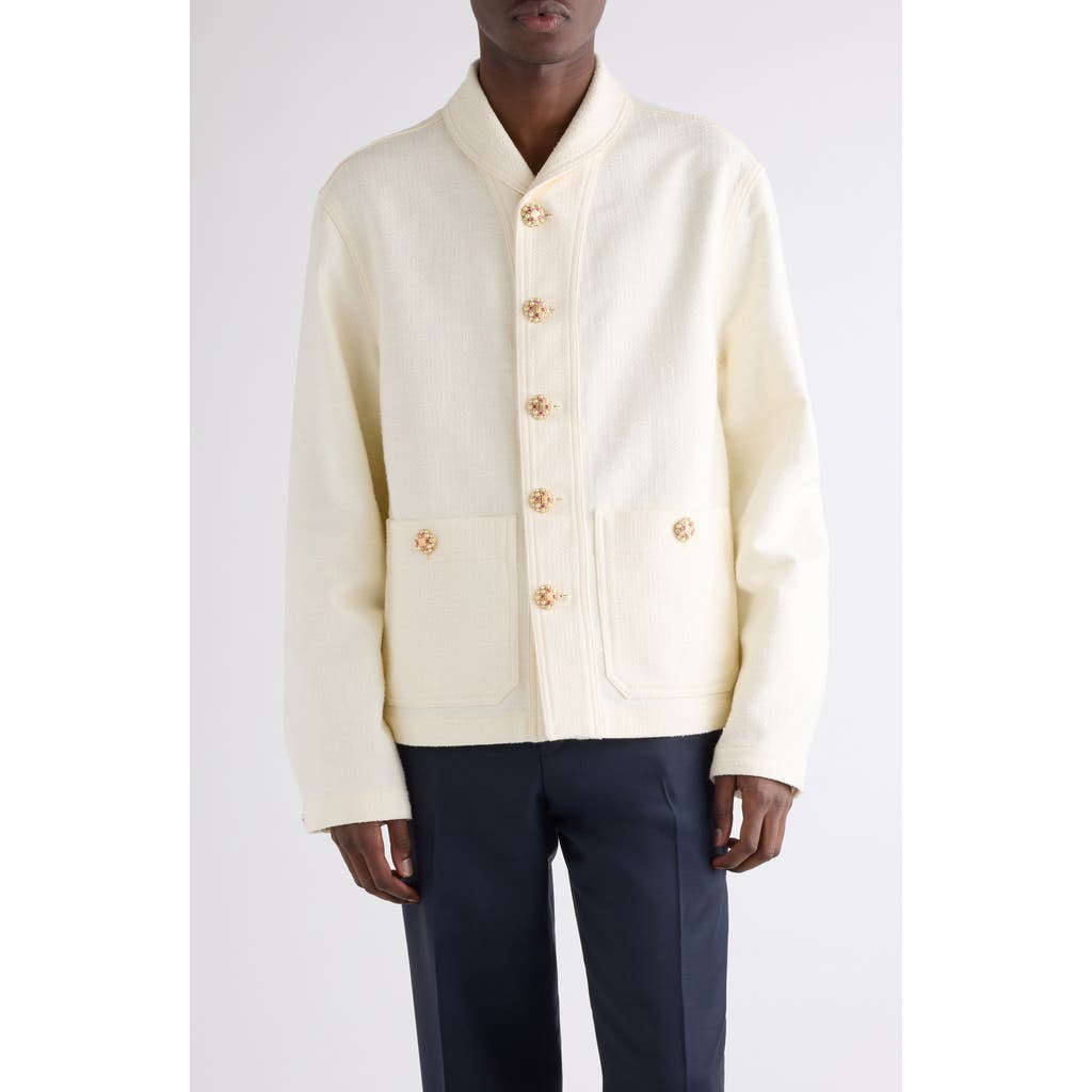 Givenchy Crystal & Imitation Pearl Button Shawl Collar Tweed Jacket In White