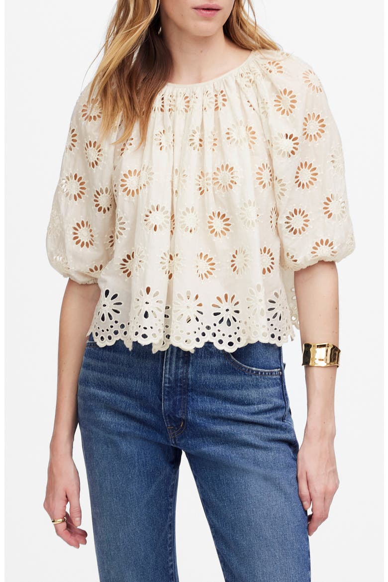 Embroidered Shirred Puff Sleeve Top, Main, color, FLORAL EYELET