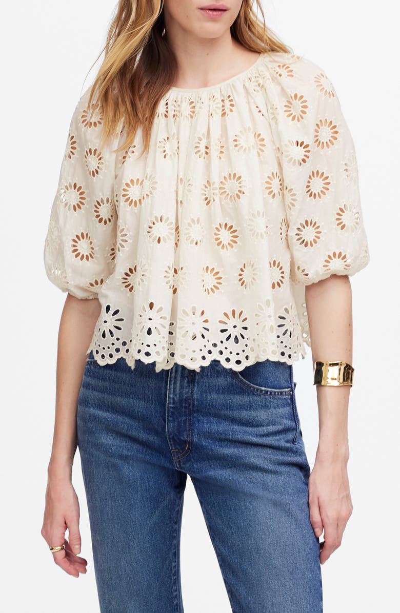 Madewell Embroidered Shirred Puff Sleeve Top, Main, color, Floral Eyelet